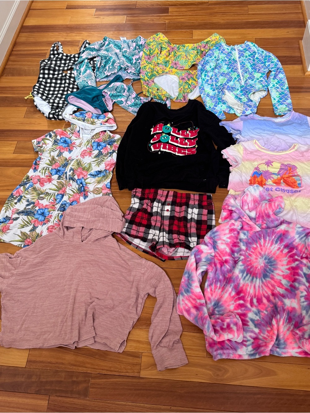Kids Mixed Pajama Swimsuit Bundle - Multicolor Tie-Dye & Floral Sleepwear